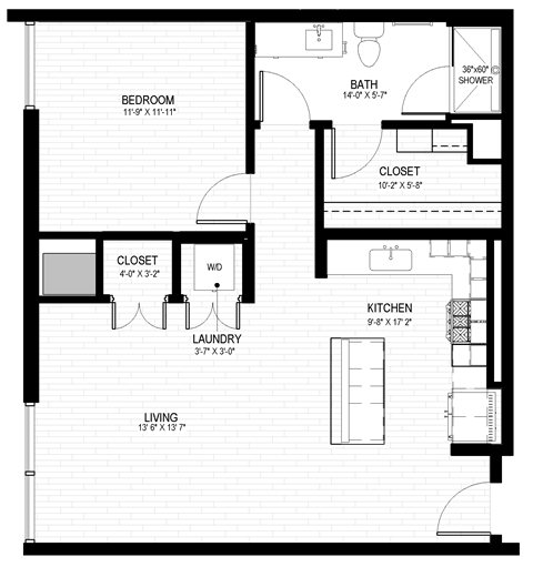 Floor plan for 1 bed, 1 bath, 818 sqft